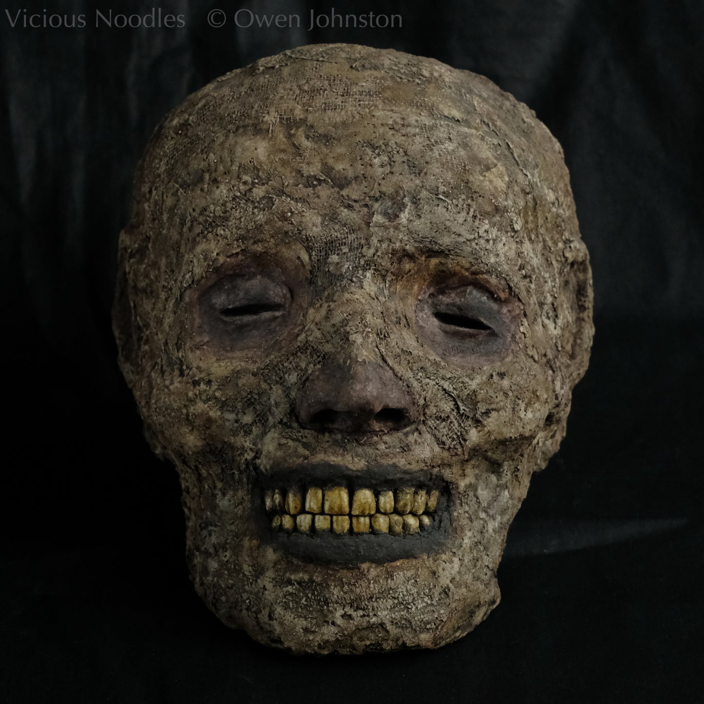Replica mummified head, life size. It is well preserved, with nose and ears and a full set of yellowed teeth, and it is covered in bandages and fabric which appears highly aged and is painted various shades of brown. The skin features (eyes, nose, lips, ears) are painted deep brown.
