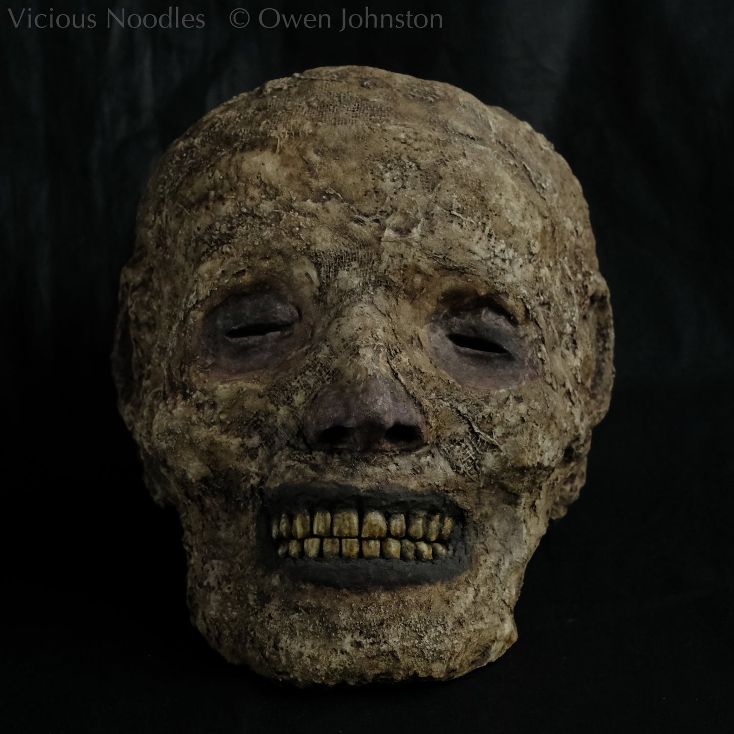 Replica mummified head, life size. It is well preserved, with nose and ears and a full set of yellowed teeth, and it is covered in bandages and fabric which appears highly aged and is painted various shades of brown. The skin features (eyes, nose, lips, ears) are painted deep brown.