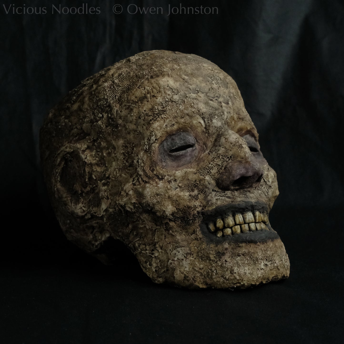 Replica mummified head, life size. It is well preserved, with nose and ears and a full set of yellowed teeth, and it is covered in bandages and fabric which appears highly aged and is painted various shades of brown. The skin features (eyes, nose, lips, ears) are painted deep brown.