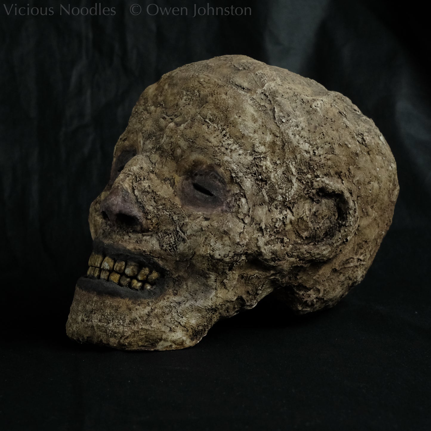 Replica mummified head, life size. It is well preserved, with nose and ears and a full set of yellowed teeth, and it is covered in bandages and fabric which appears highly aged and is painted various shades of brown. The skin features (eyes, nose, lips, ears) are painted deep brown.