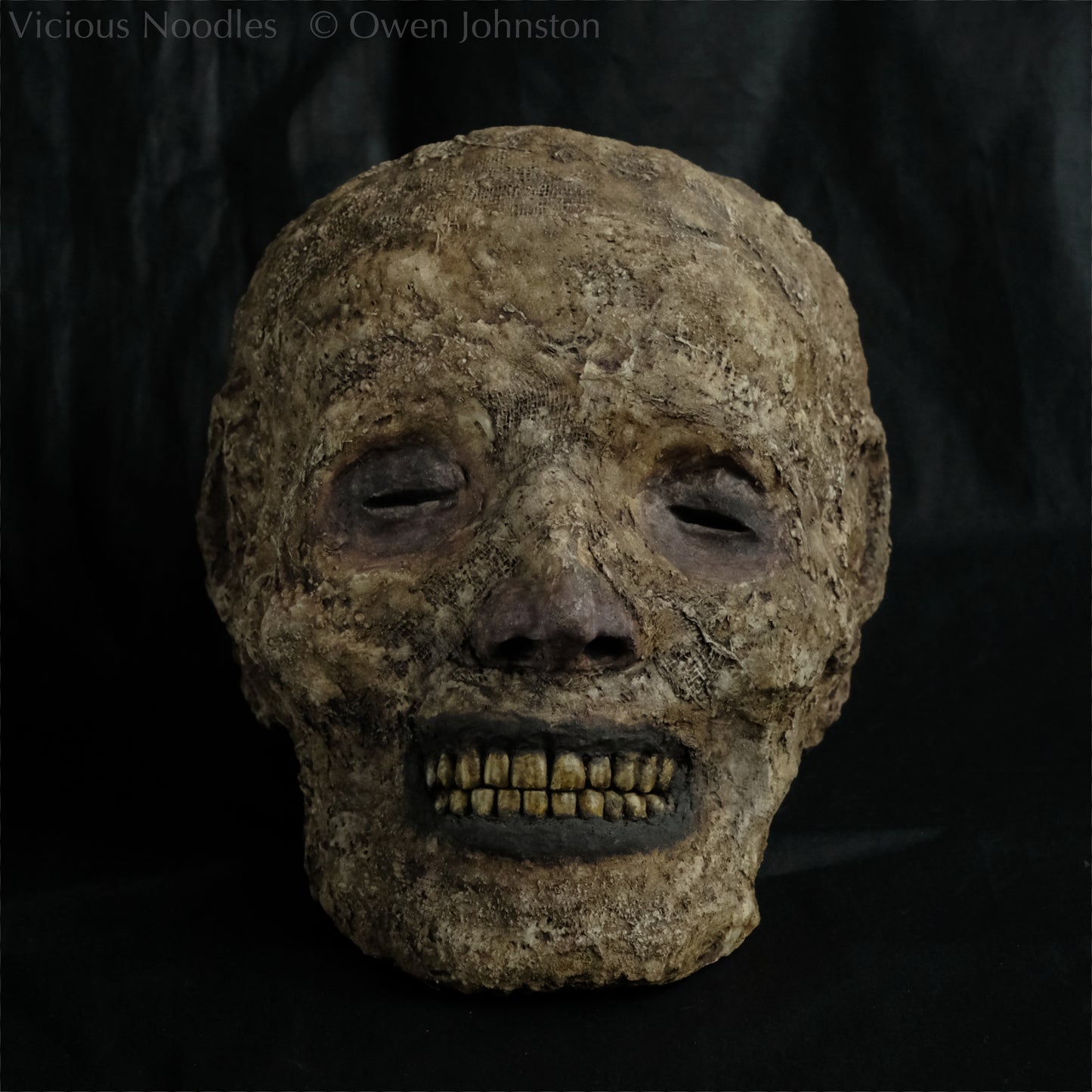 Replica mummified head, life size. It is well preserved, with nose and ears and a full set of yellowed teeth, and it is covered in bandages and fabric which appears highly aged and is painted various shades of brown. The skin features (eyes, nose, lips, ears) are painted deep brown.