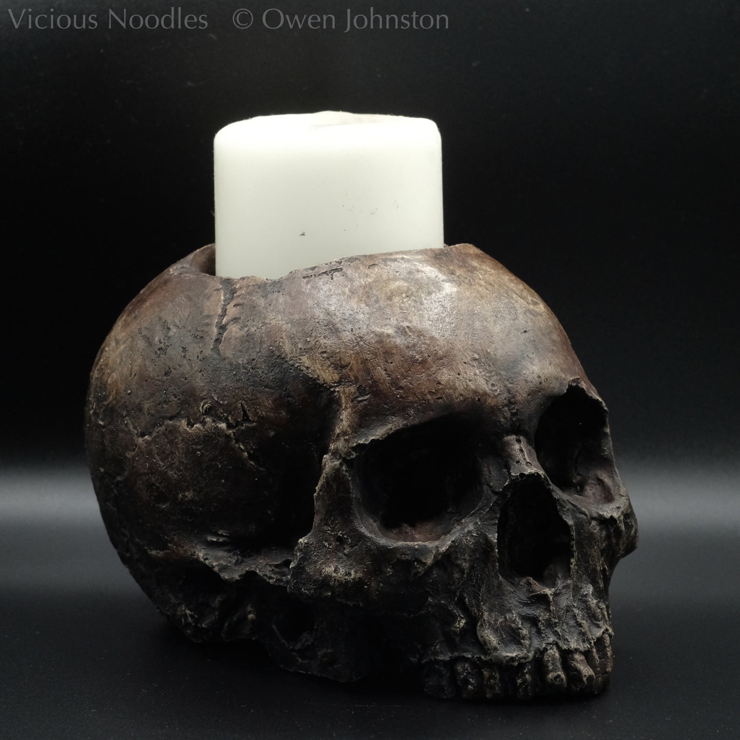 Human skull candle holder, without lower jaw, life size. It has a shallow hole on the top for a wide candle and is painted for a highly aged fossilised appearance with dark brown over lighter shades of brown. Lacquered for a polished finish.