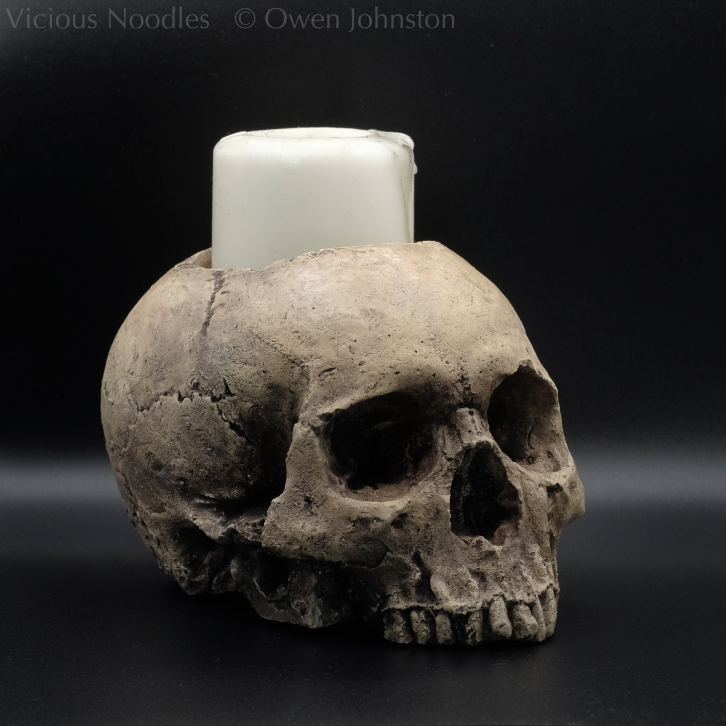 Human skull candle holder, without lower jaw, life size. It has a shallow hole on the top for a wide candle and is painted for a natural weathered look.