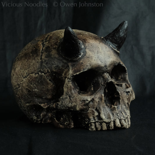 Human skull replica with short horns, life size, without lower jaw. Very weathered fossilised appearance with dark brown and black weathering over a warm ivory bone colour. The surface is damaged and distressed.