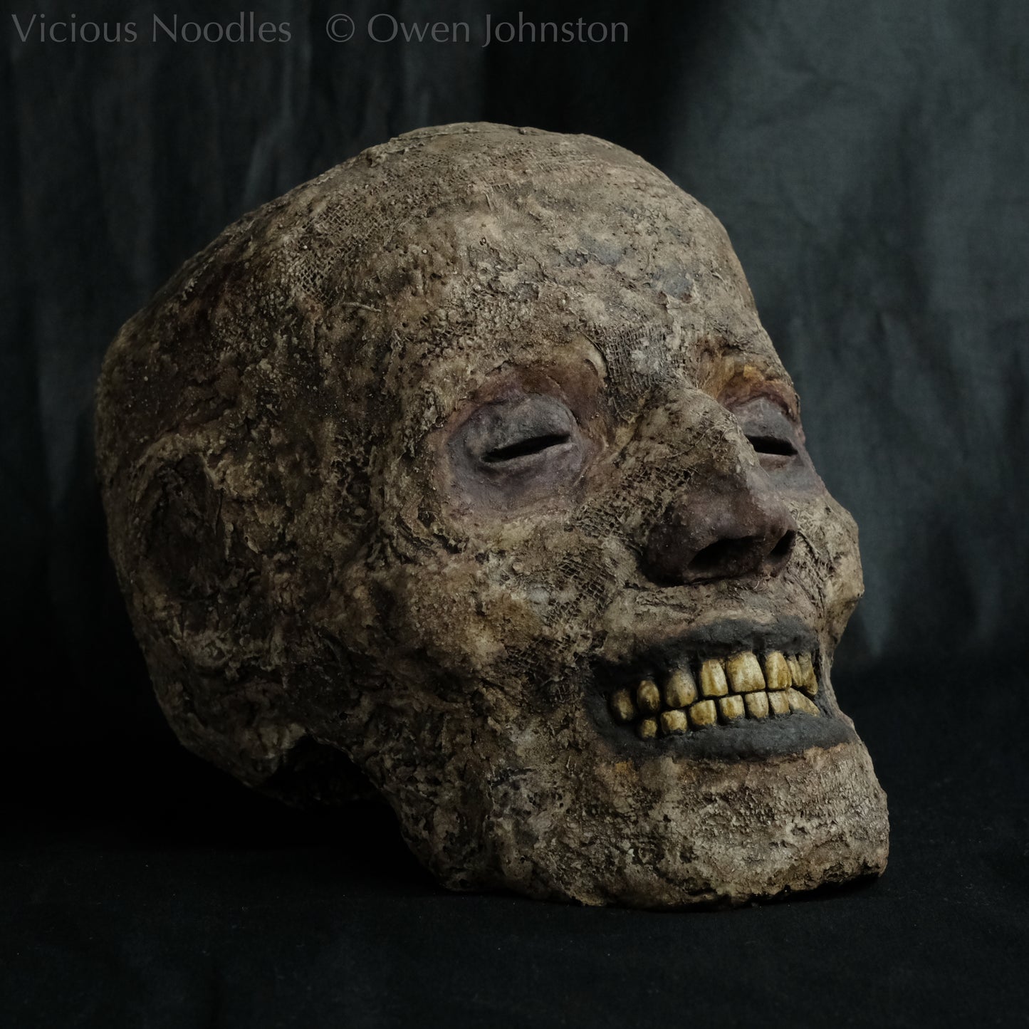 Replica mummified head, life size. It is well preserved, with nose and ears and a full set of yellowed teeth, and it is covered in bandages and fabric which appears highly aged and is painted various shades of brown. The skin features (eyes, nose, lips, ears) are painted deep brown.