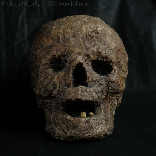 Replica mummified head, life size. It looks decomposed, the nose is missing and one eye socket is empty revealing the skull beneath, the mouth is gaping open to reveal two remaining teeth. It is painted to look ancient and realistic in various shades of brown.