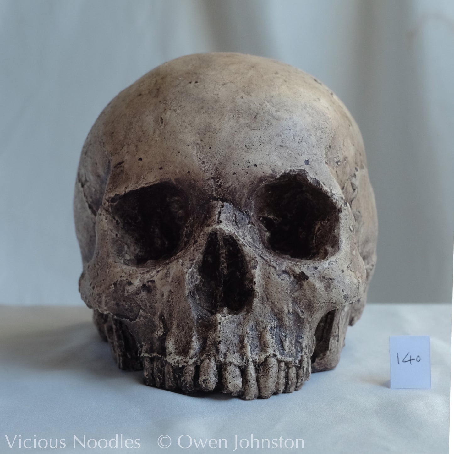 Human skull replica, highly weathered natural finish