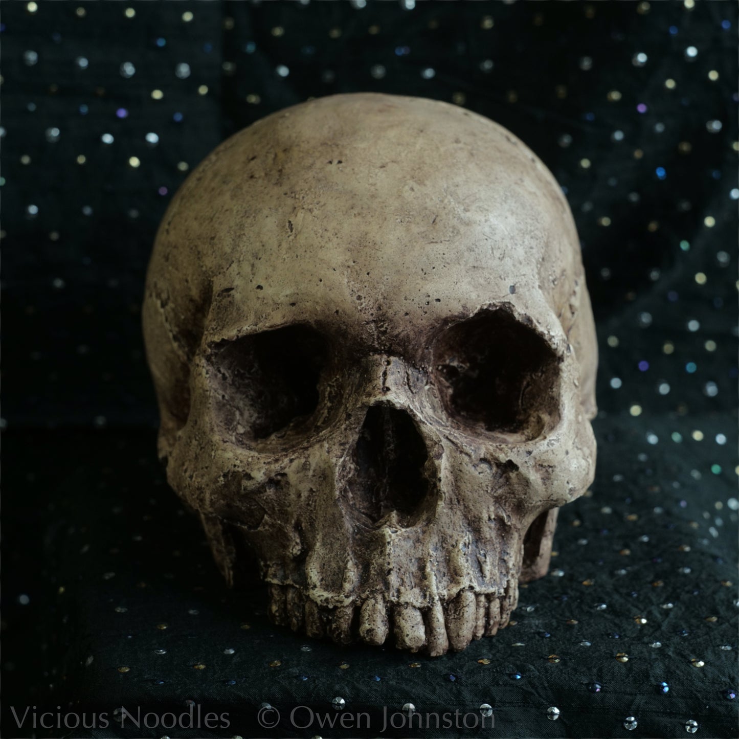 Human skull replica, highly weathered natural finish
