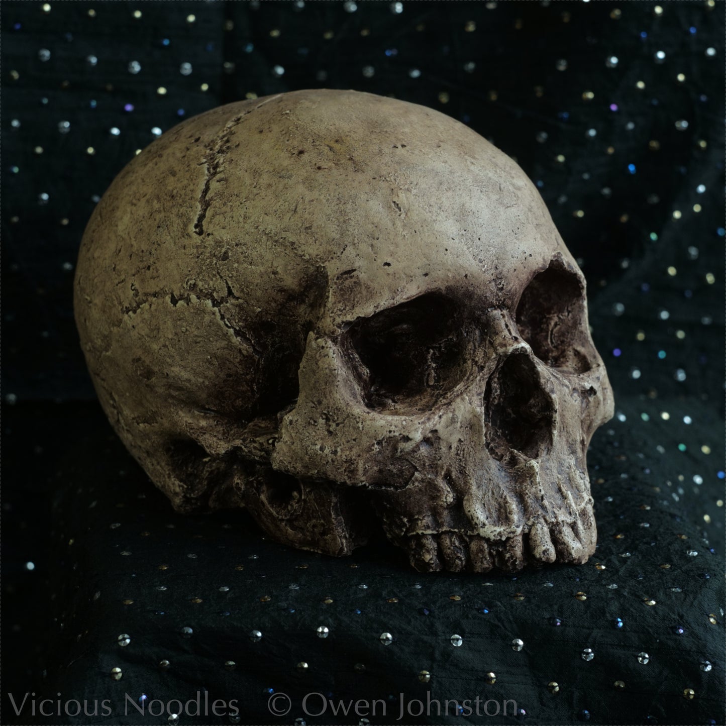 Human skull replica, highly weathered natural finish