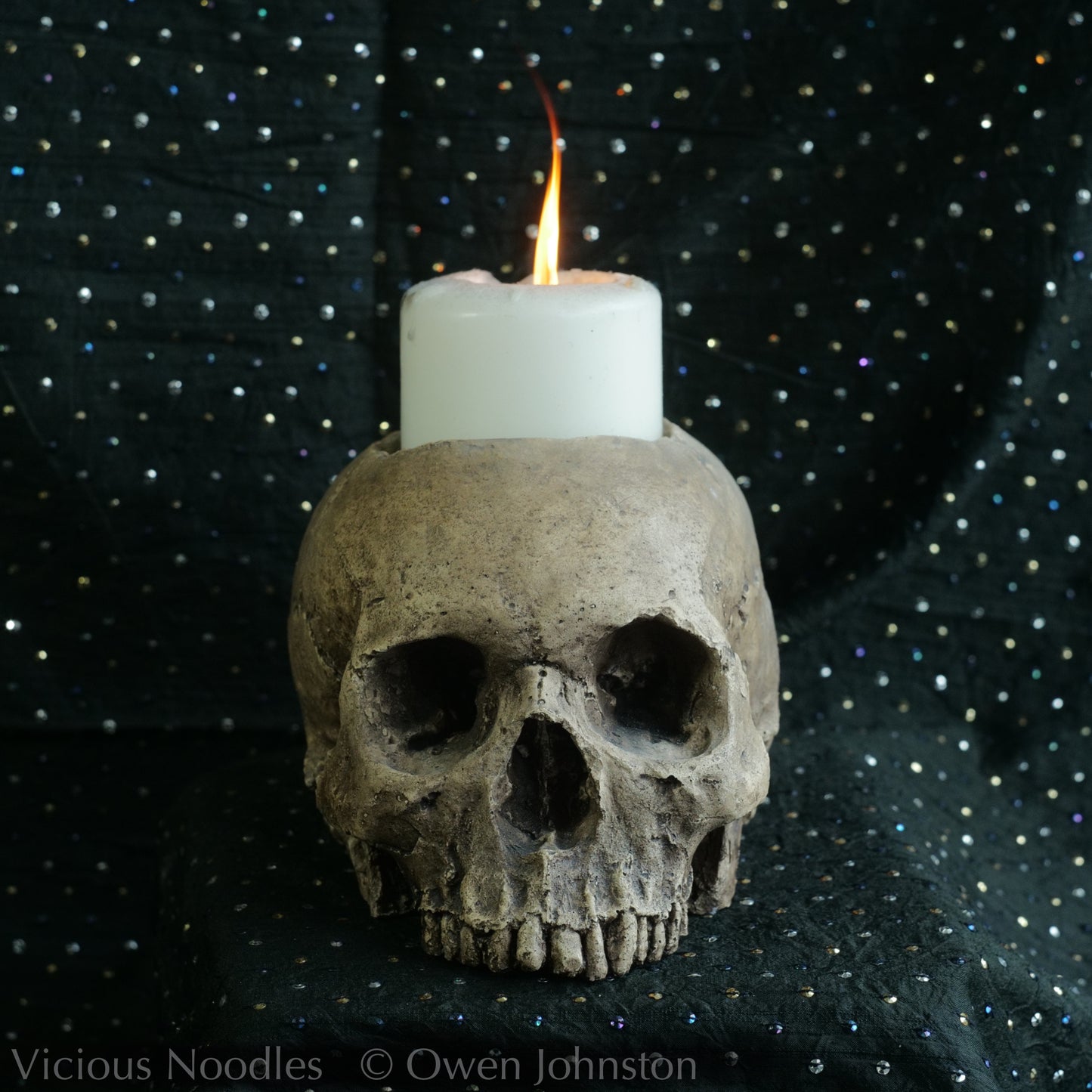 Human skull candle holder, natural weathered finish