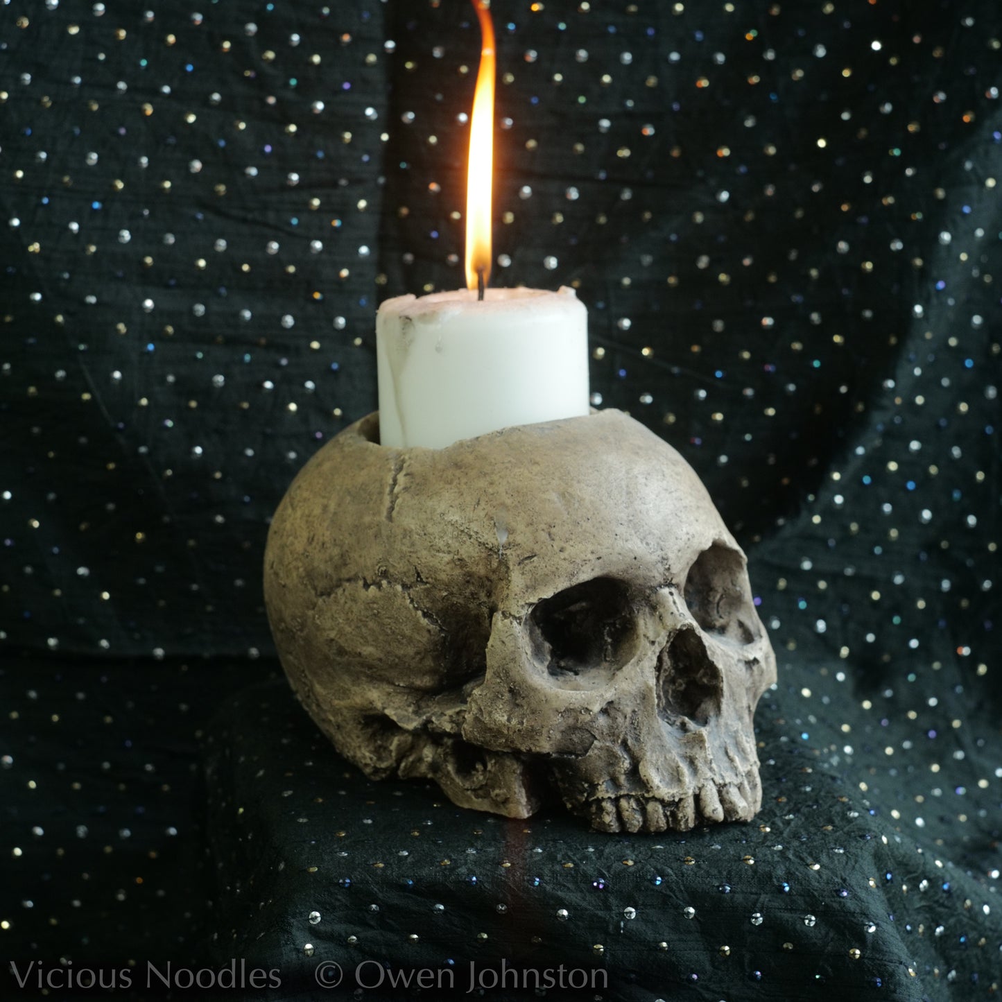 Human skull candle holder, natural weathered finish