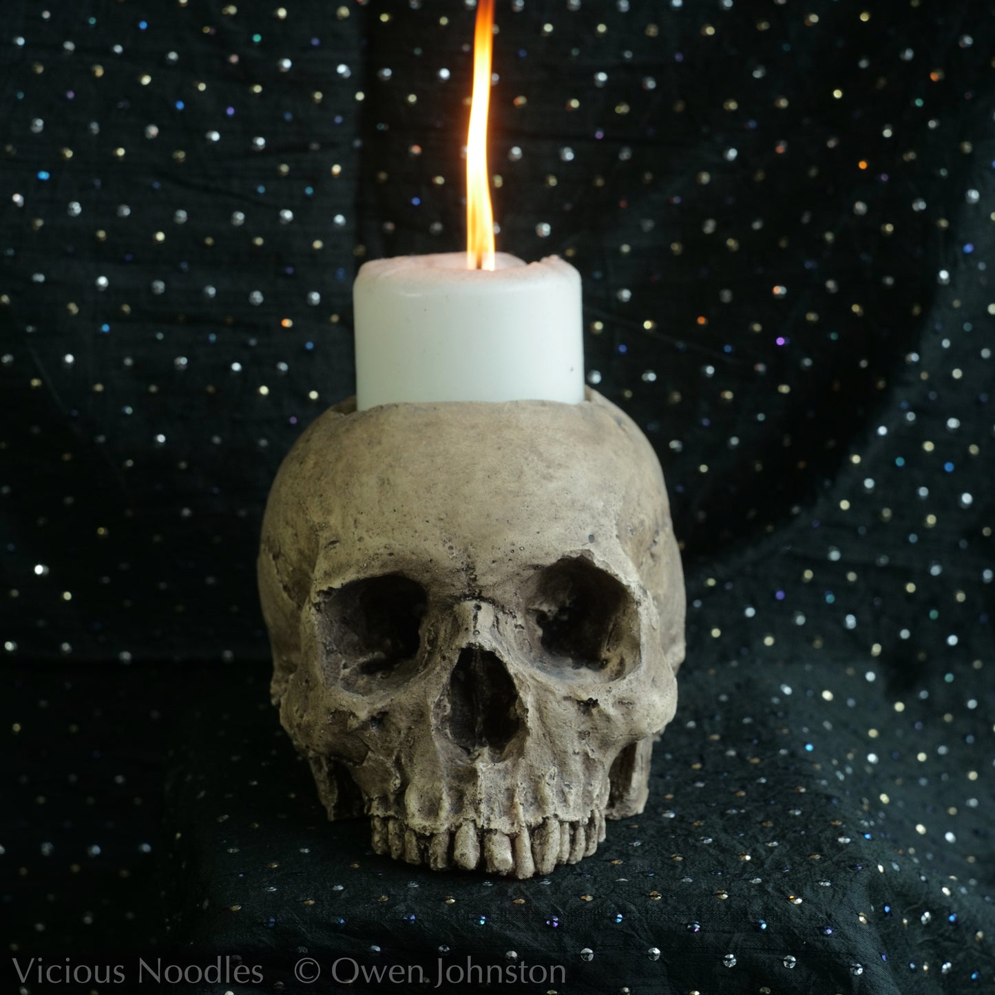 Human skull candle holder, natural weathered finish