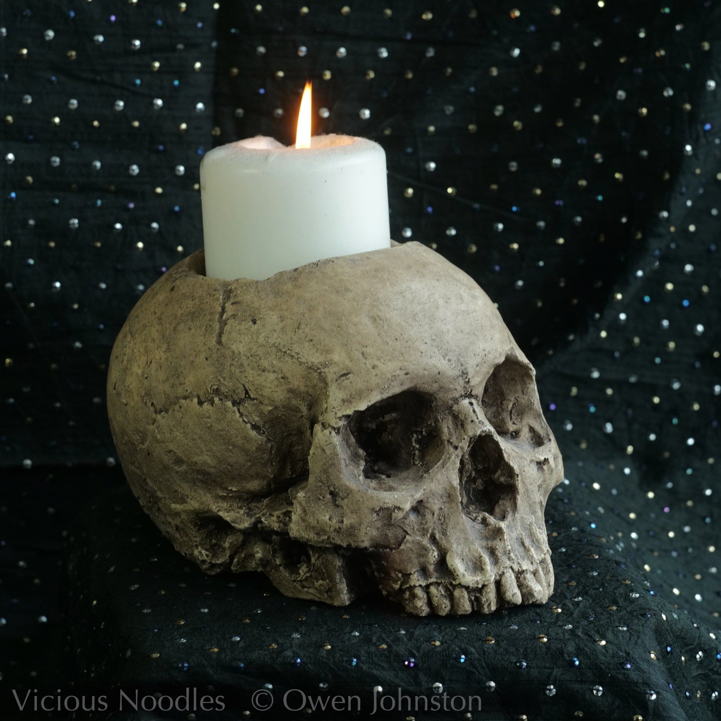Human skull candle holder, natural weathered finish