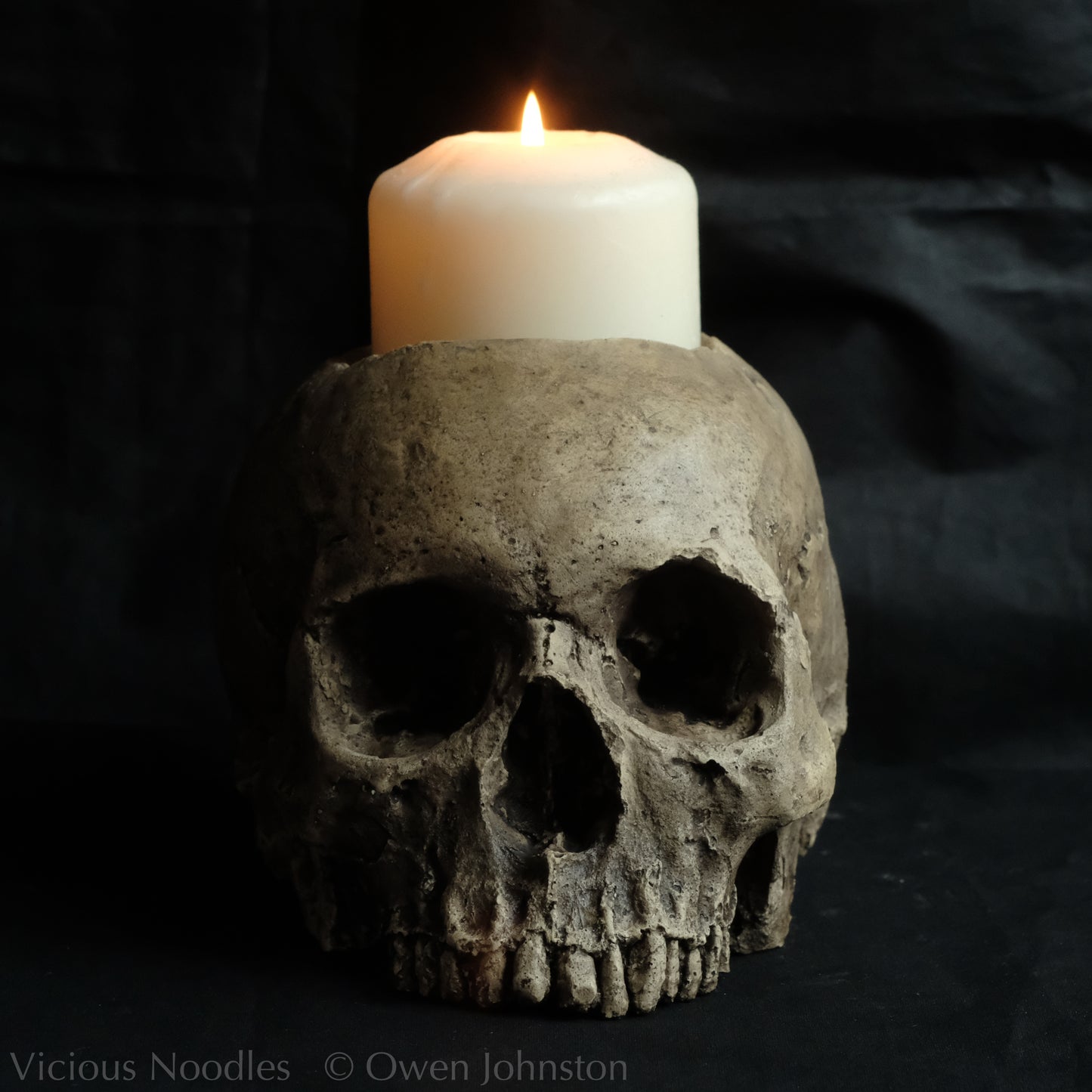 Human skull candle holder, natural weathered finish