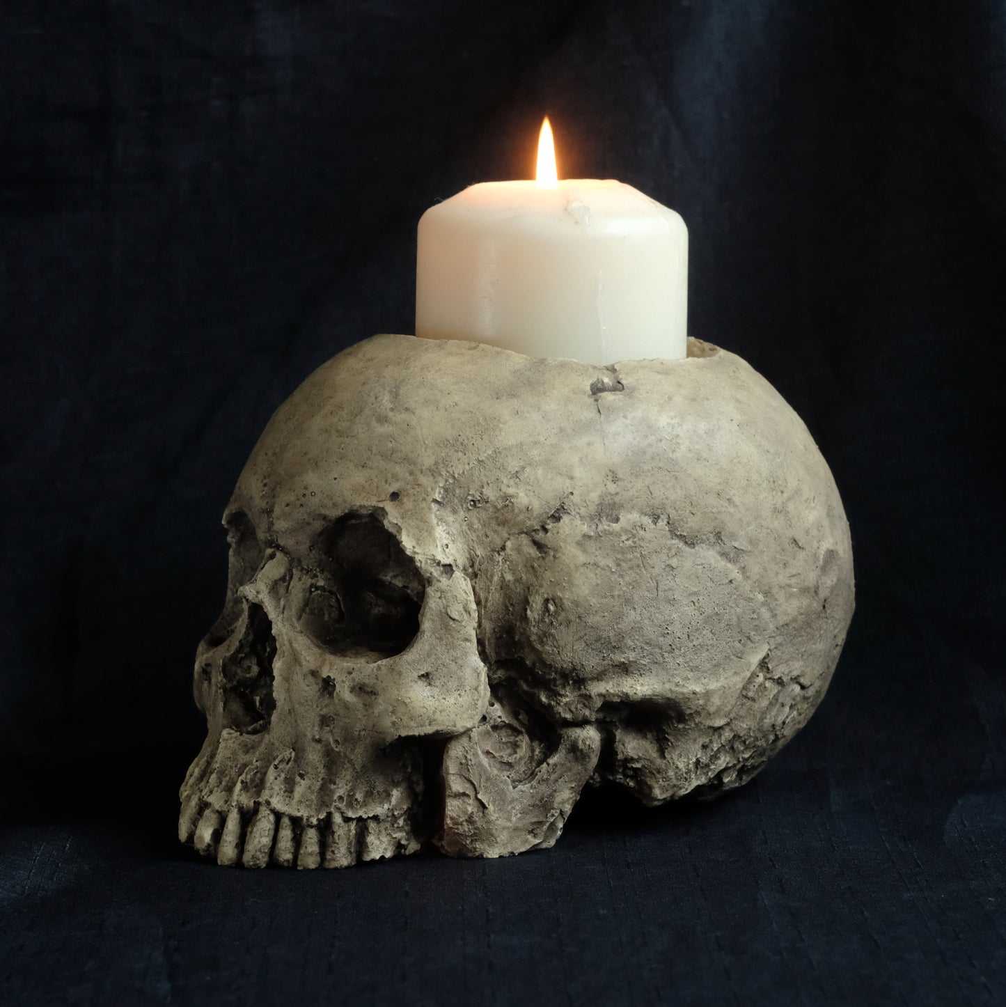 Human skull candle holder, natural weathered finish